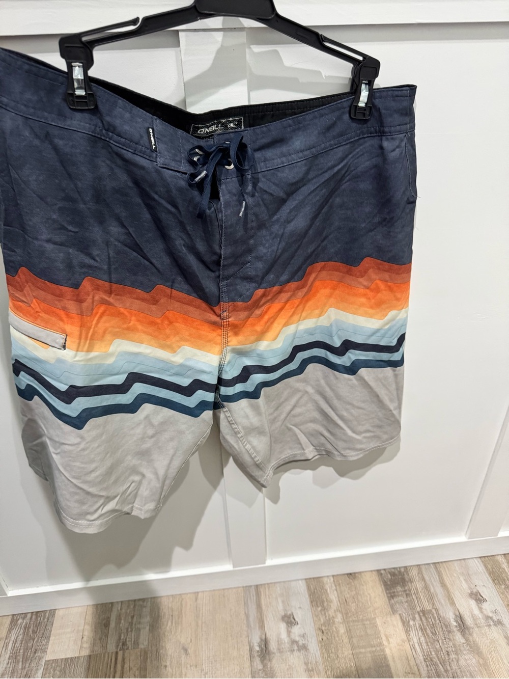 O'Neill Navy Orange Gray Wave Stripe Board Shorts